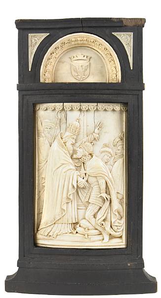 Appraisal: A Continental carved ivory panel th century Depicting a king