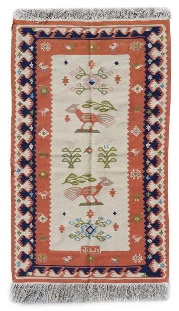 Appraisal: Hand-tied Romanian Kilim wool rug reading 'Congratulations' to one end