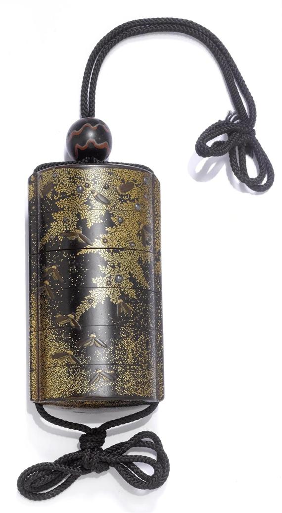 Appraisal: A BLACK LACQUERED FIVE CASE INR DECORATED WITH FIREFLIES AND