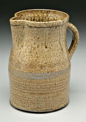 Appraisal: Stoneware pitcher modified cylindrical form bands of wavy and straight