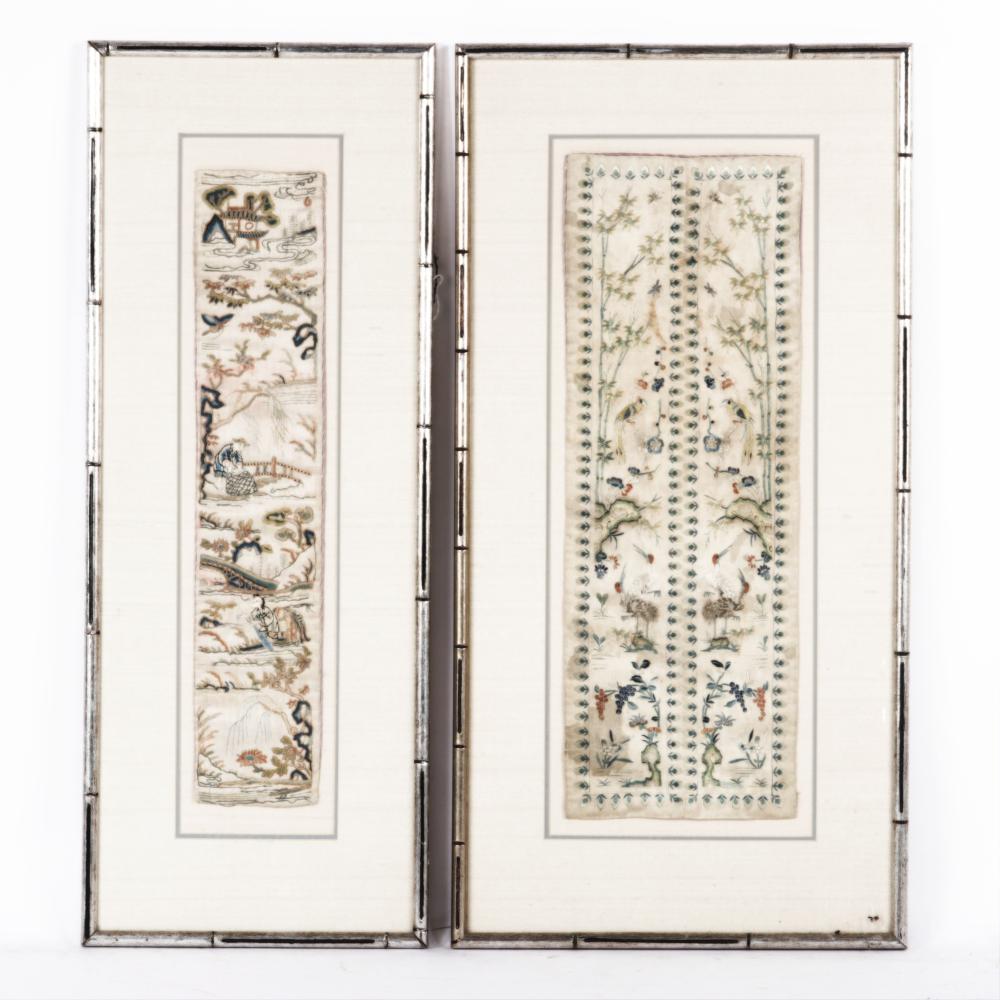 Appraisal: CHINESE ANTIQUE PAIR OF EMBROIDERED SILK TEXTILE PANELS IN SILVER