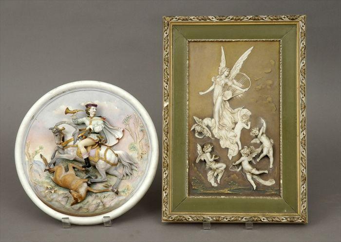 Appraisal: Continental Biscuit Porcelain Plaque with Hunt Scene in Relief Together