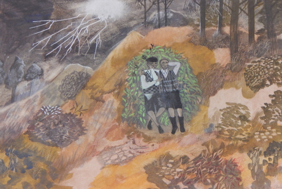 Appraisal: R McGrath Young boys sheltering within a forest scene watercolour