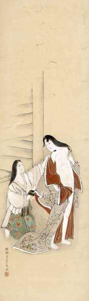 Appraisal: EROTIC JAPANESE PAINTING Gouache of a couple disrobing Signed lower