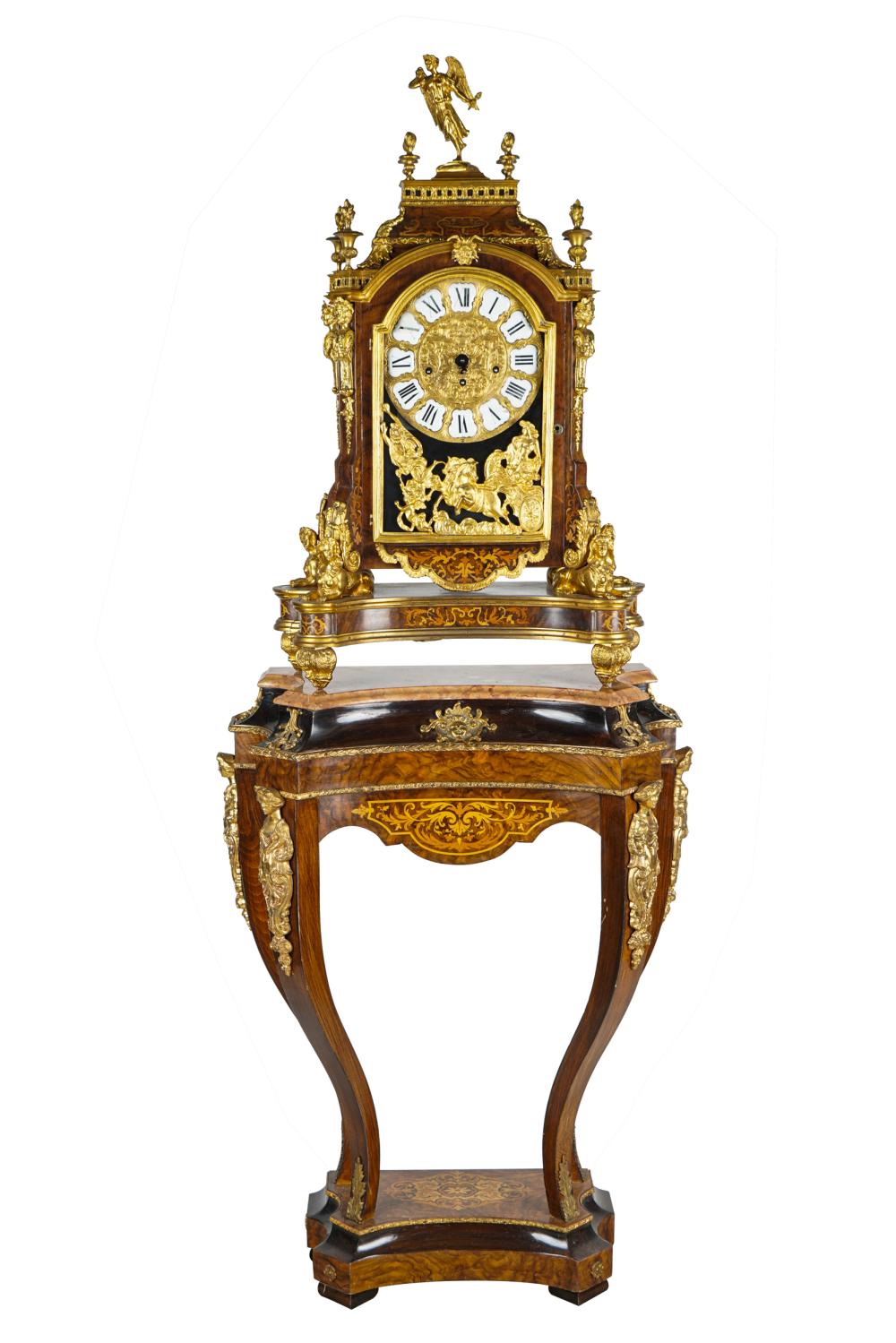 Appraisal: FRENCH MARQUETRY GILT MANTEL CLOCKresting on an inlaid marble top