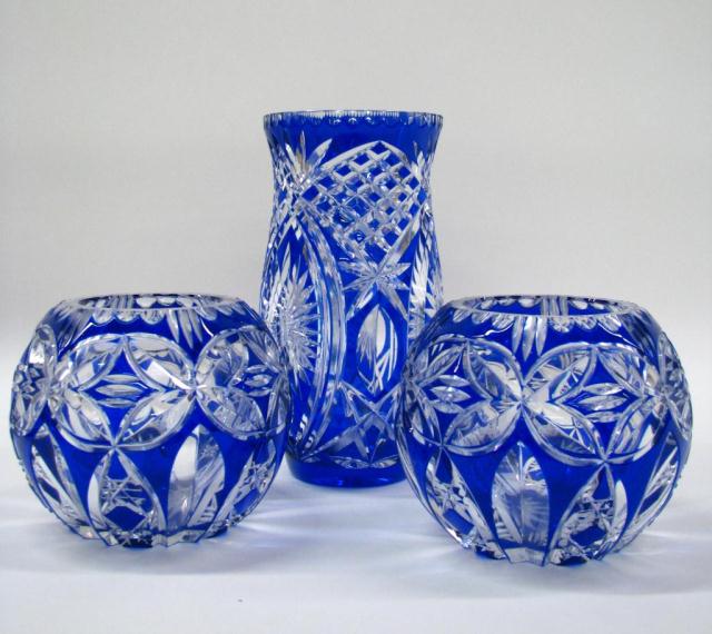 Appraisal: Three Items Bohemian Cobalt Cut to Clear including a pair