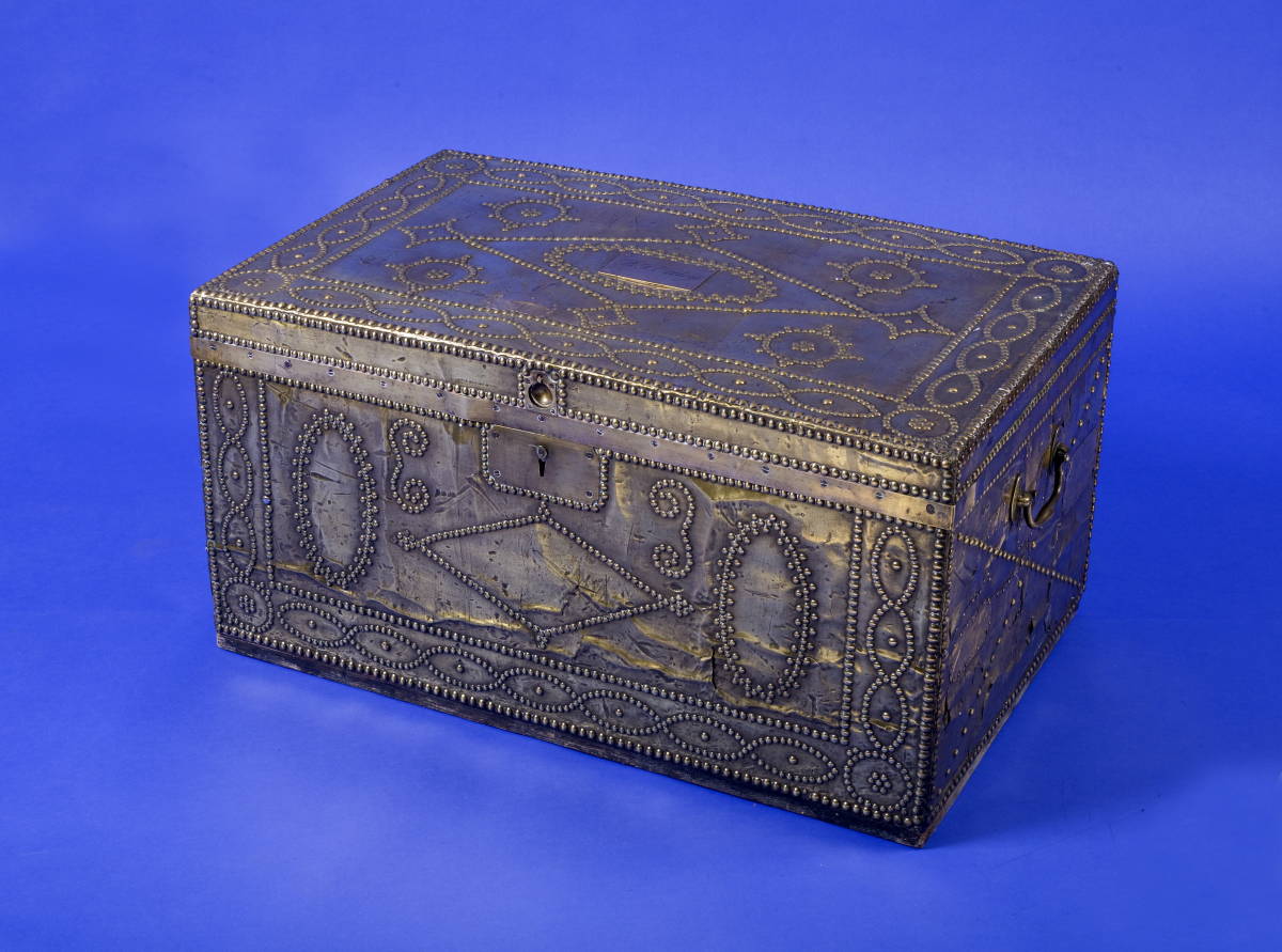 Appraisal: BRITISH BRASS COVERED AND STUDDED MILITARY TRUNK BY JAMES WYER