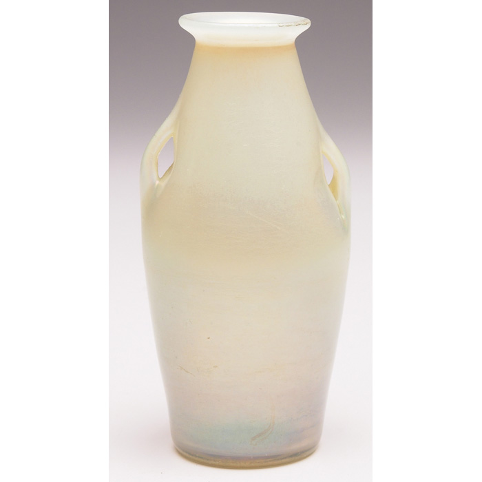 Appraisal: L C Tiffany vase swollen double handled shape in opalescent