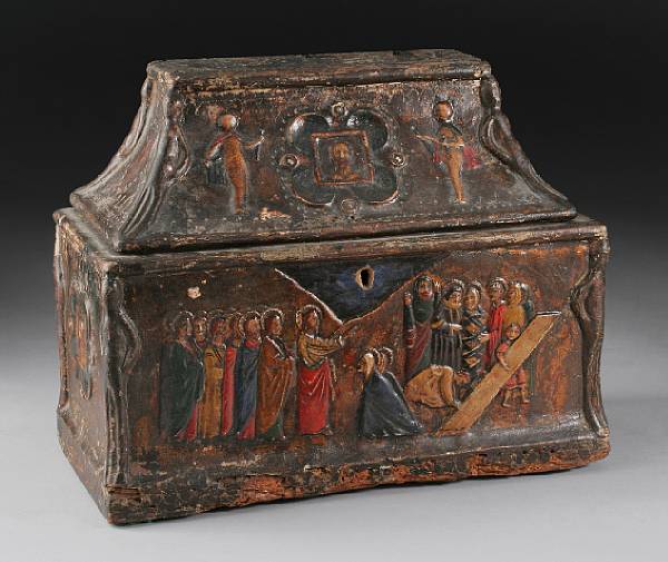 Appraisal: A Continental carved polychrome and relief decorated alms box Of