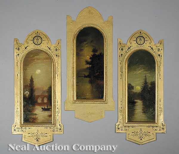 Appraisal: Three Painted Victorian Panels of Evening River Scenes each with