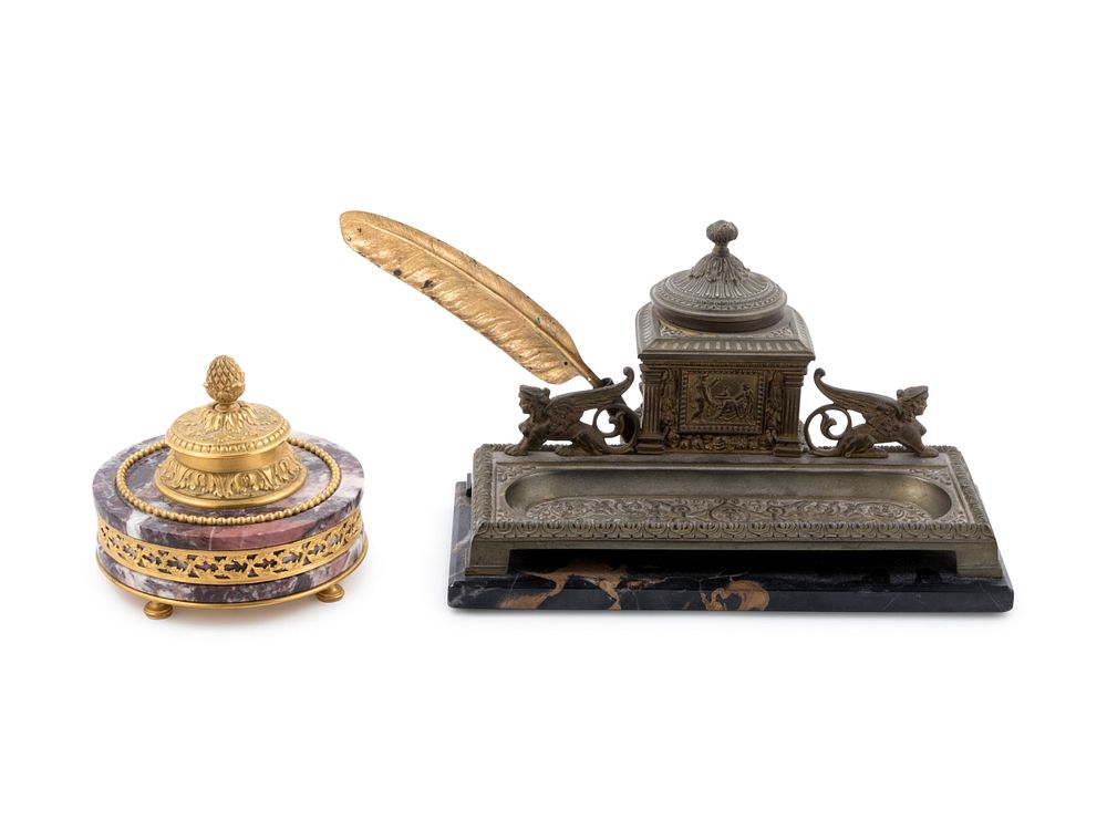 Appraisal: Two Continental Bronze and Marble Inkwells Two Continental Bronze and