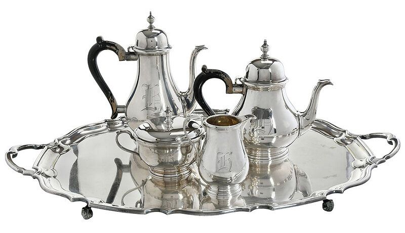 Appraisal: Tiffany Sterling Tea Service Silver Plate Tray American - five