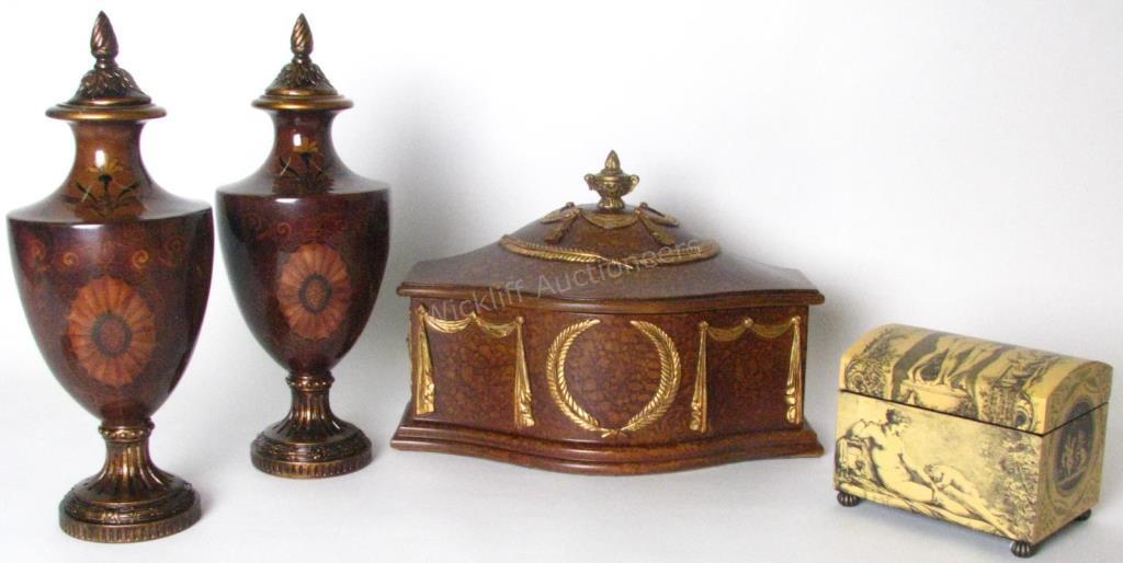 Appraisal: A group of decorator accessories including pair of lidded urns