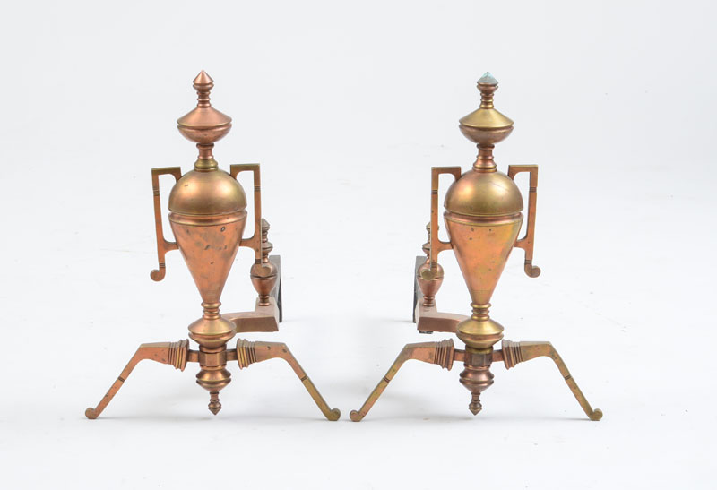 Appraisal: PAIR OF AESTHETIC MOVEMENT COPPER-PLATED BRASS ANDIRONS C x x