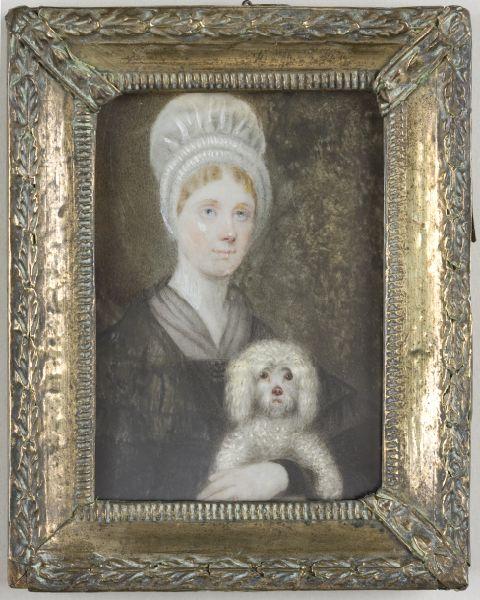 Appraisal: Portrait Miniature Woman with Poodle th century watercolor on ivory