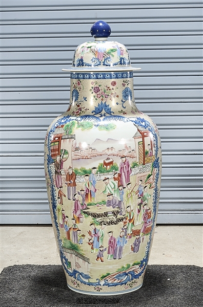 Appraisal: Tall Chinese enameled and painted porcelain covered vase with central