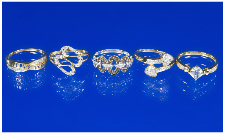 Appraisal: Collection Of Five ct Gold Diamond Rings Set With Brilliant