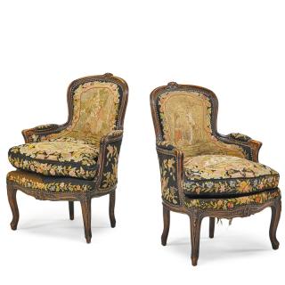 Appraisal: PAIR OF LOUIS XV STYLE WALNUT BERGERES Each with carved