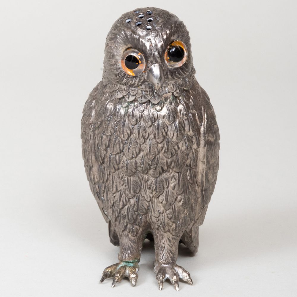 Appraisal: Silvered Metal Owl Form Caster in high Property from the