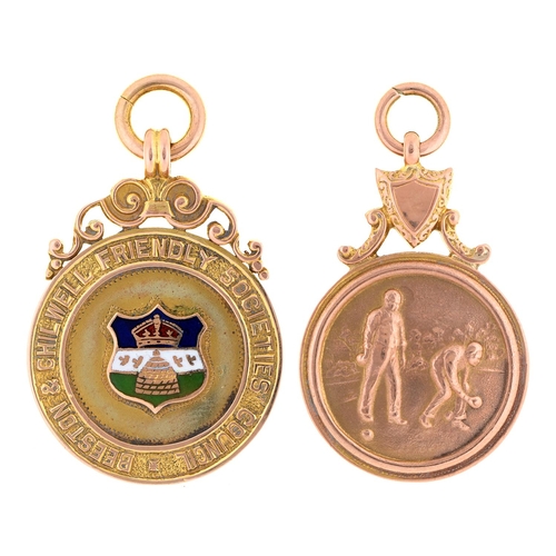 Appraisal: Two ct gold watch fob medals one enamelled and mm