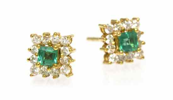 Appraisal: A Pair of Karat Yellow Gold Emerald and Diamond Earrings