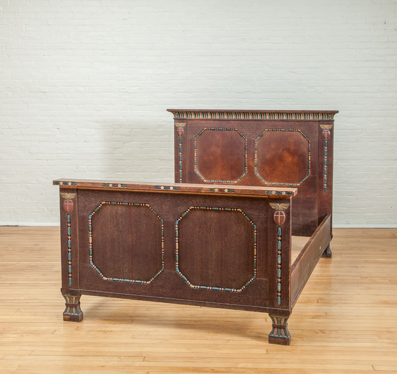 Appraisal: EGYPTIAN REVIVAL CERUSED OAK AND POLYCHROME BED C ft in