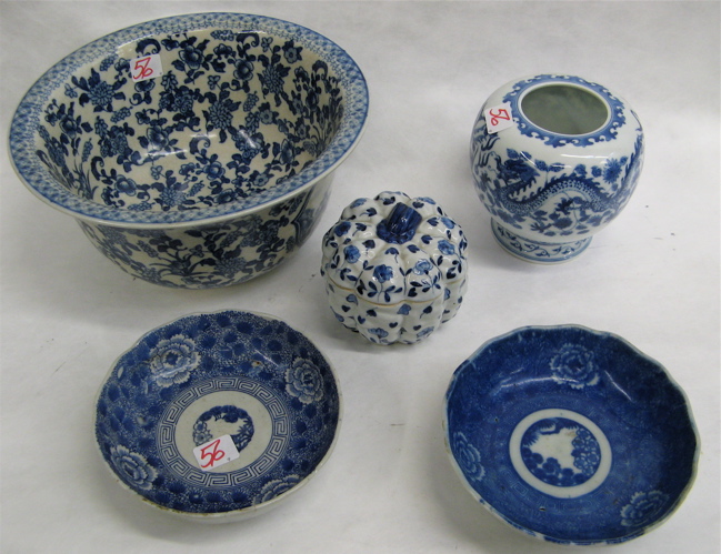 Appraisal: NINE ASIAN BLUE AND WHITE PORCELAIN ART OBJECTS deep bowl