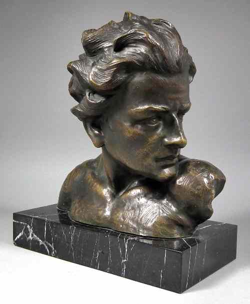 Appraisal: A Belgian bronzed plaster bust of a man on polished