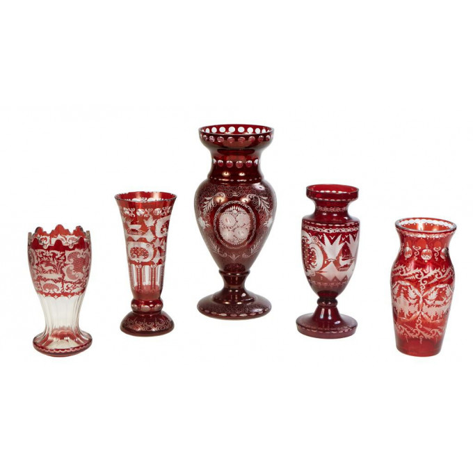 Appraisal: Group of Five Ruby Glass Cut-to-Clear Vases th c consisting