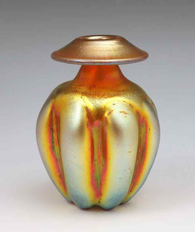 Appraisal: MINIATURE STEUBEN GOLD AURENE RIBBED BODY VASE '' tall Inscribed