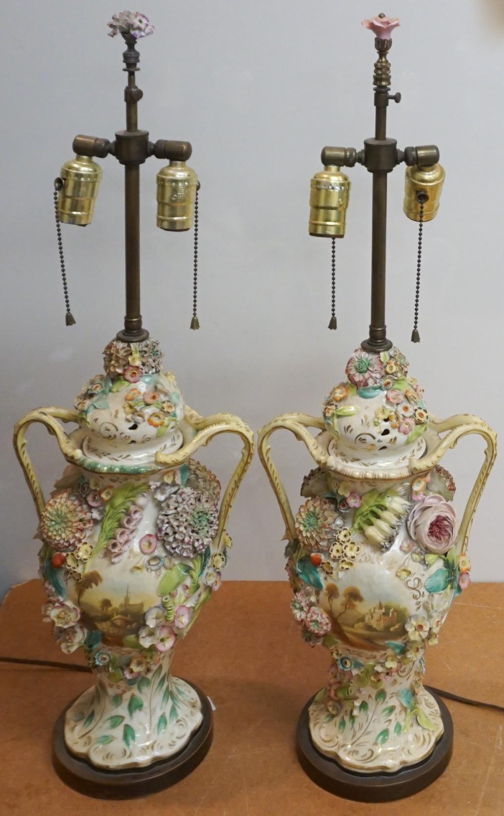 Appraisal: Pair of European Floral Encrusted Porcelain Two Handle Covered Potpourris