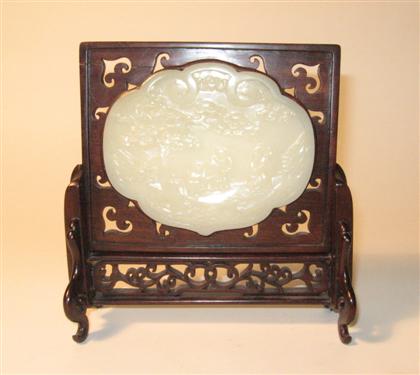 Appraisal: Chinese white stone and hardwood table screenLingzhi form figural landscape