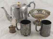 Appraisal: Silver plate A teapot two child's mugs a swing handled