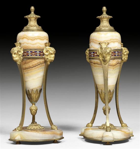 Appraisal: PAIR OF SMALL CASSOLETTES AUX TETES DE BELIERS late Empire