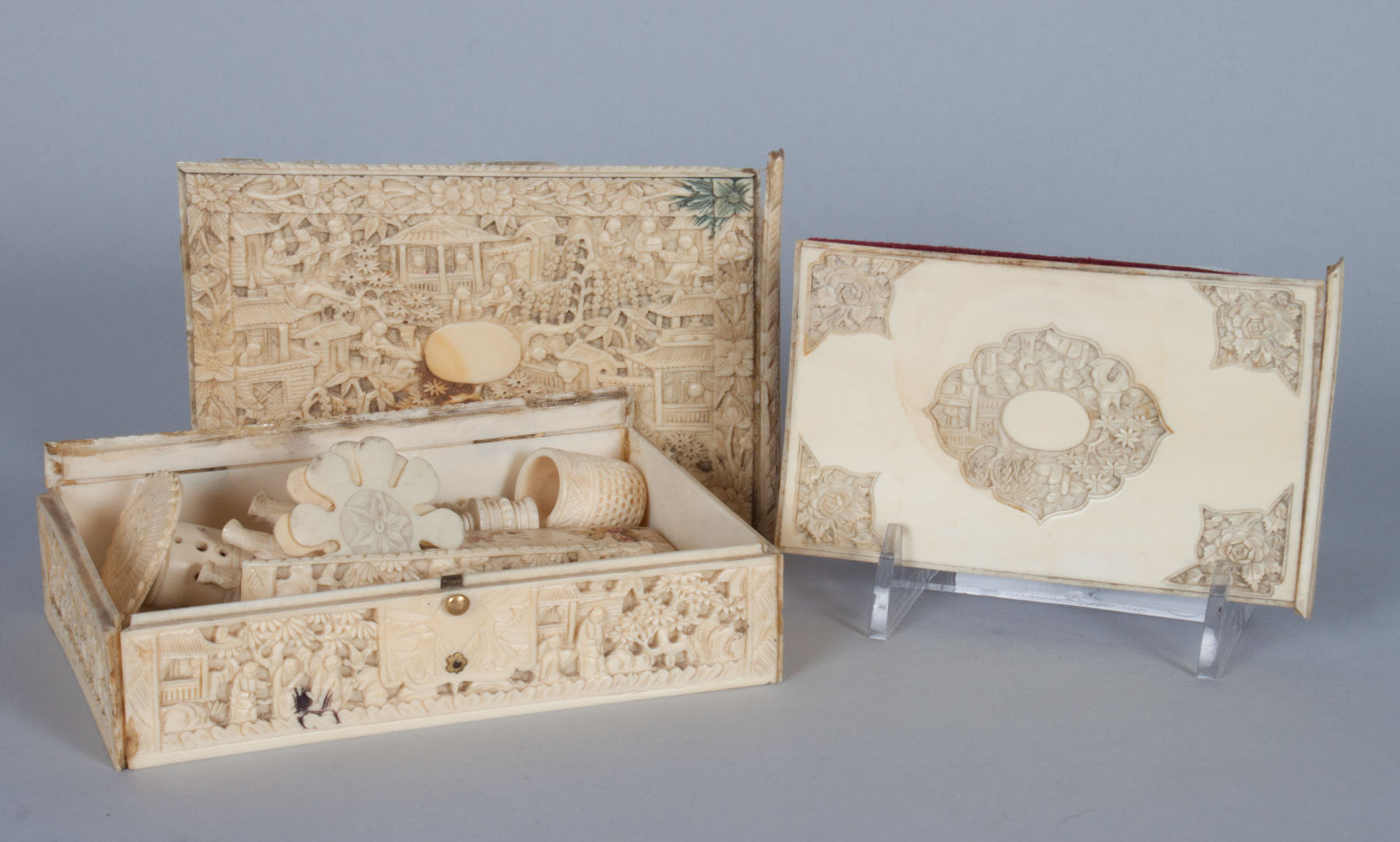 Appraisal: Japanese carved ivory sewing box with implements late th century