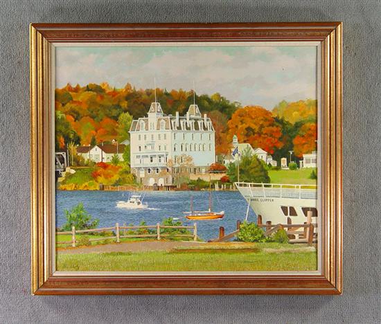 Appraisal: Oil on Canvas Scene of Second Empire Hotel and houses