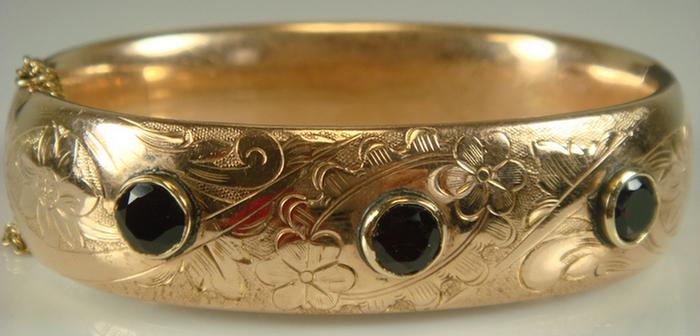 Appraisal: Gold-filled Bangle Bracelet mm width chase decorated with three bezel