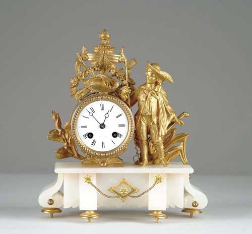 Appraisal: FRENCH ORMOLU AND WHITE ONYX FIGURAL MANTLE CLOCK White onyx