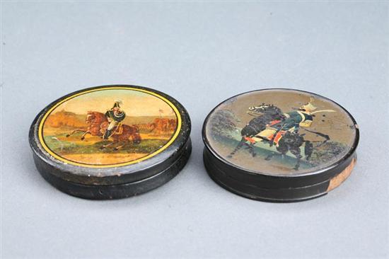 Appraisal: TWO DECORATED SNUFF BOXES European th century lacquered papier mache