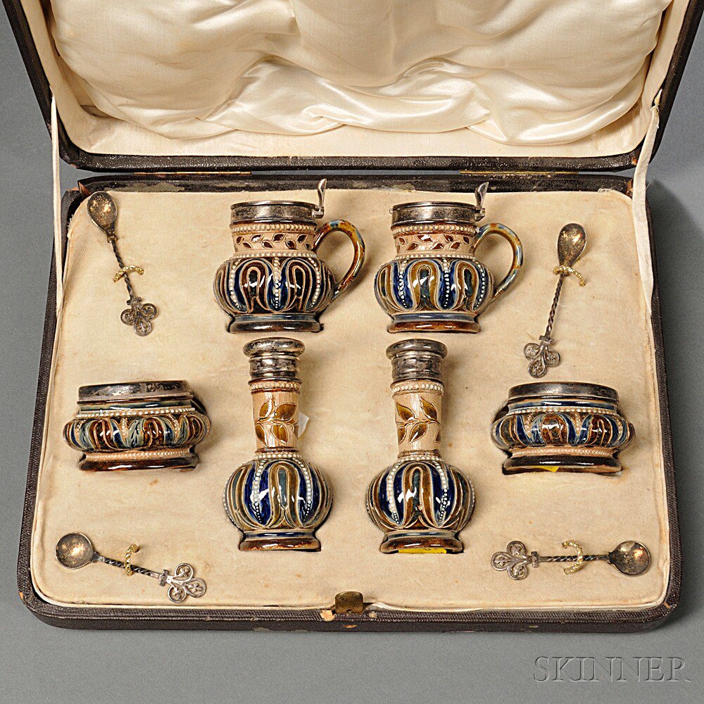 Appraisal: Doulton Lambeth Cased Condiment Set England and consisting of six