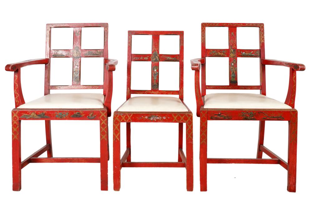 Appraisal: THREE GEORGIAN STYLE RED LACQUERED CHAIRScomprising two armchairs inches wide