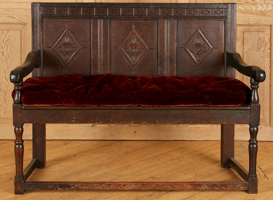 Appraisal: TH CENT OAK OPEN ARM HALL BENCH A eighteenth century