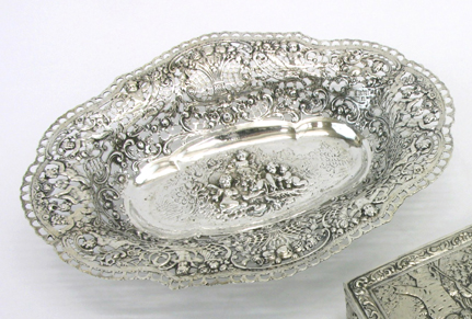 Appraisal: GERMAN STERLING SILVER FOOTED OVAL BOWL pierced chased and engraved