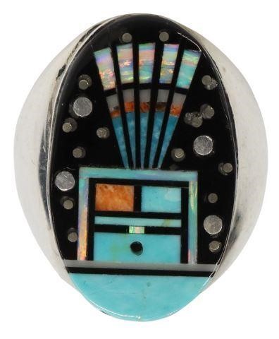 Appraisal: Native American multi-stone micro inlay sterling silver ring signed S