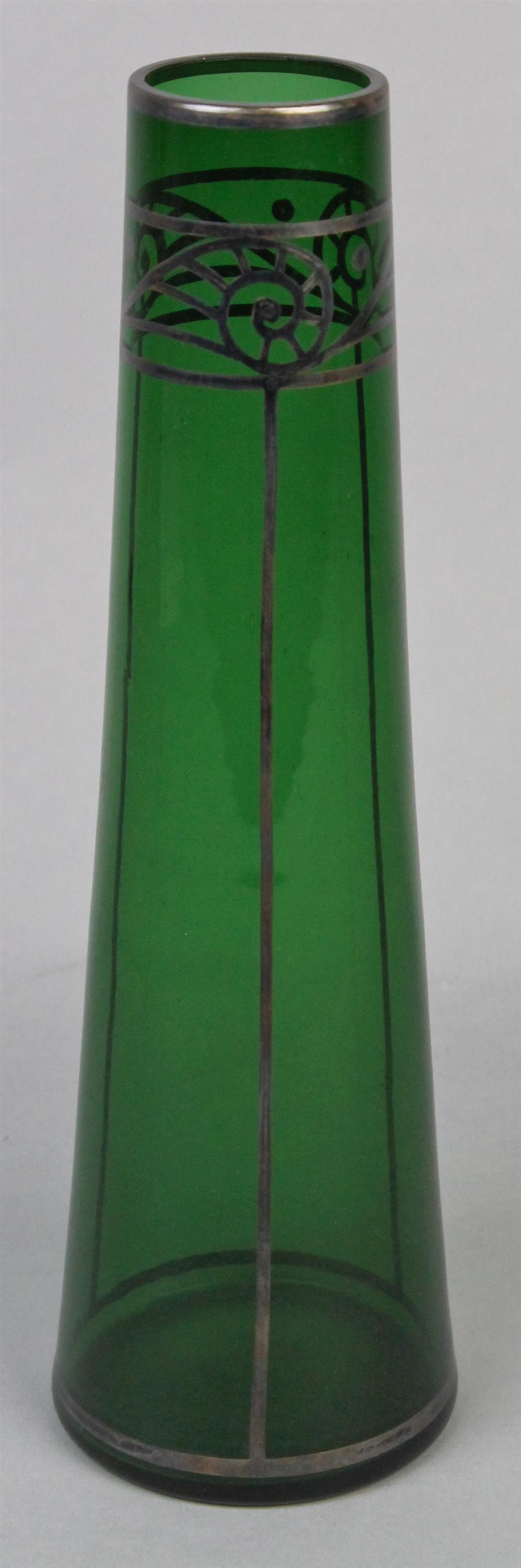 Appraisal: GREEN ART NOUVEAU STYLE GLASS VASE with silver overlay decoration