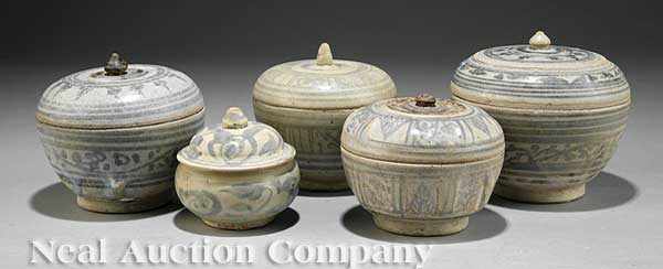 Appraisal: A Group of Five Thai Sawankhalok Pottery Boxes probably th