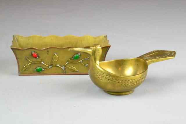 Appraisal: BRASS CONTAINERSIncluding a Chinese jeweled brass scalloped container with copper