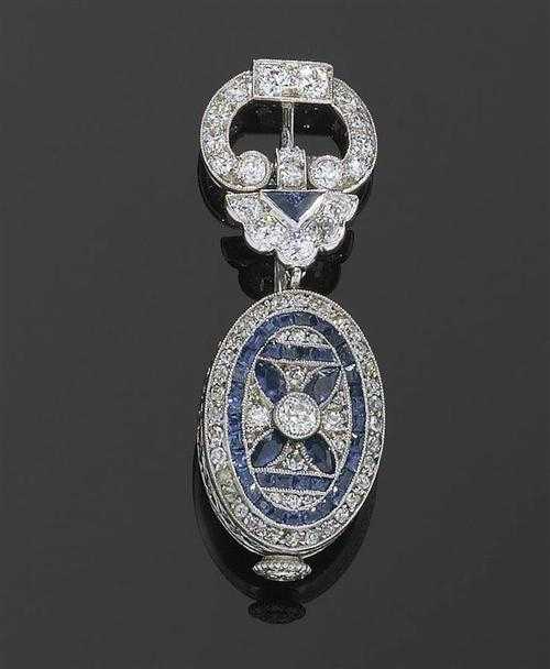 Appraisal: SAPPHIRE AND DIAMOND PENDANT WATCH AGASSIZ W Co ca Platinum