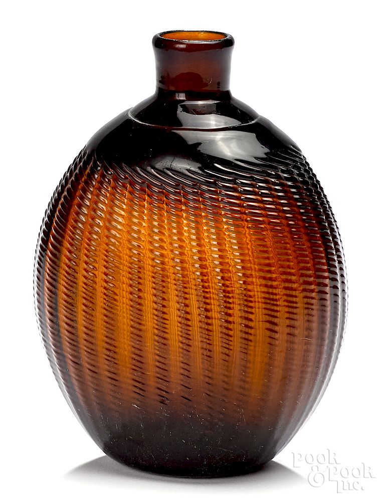 Appraisal: Midwestern pattern amber glass Pitkin flask Midwestern pattern molded amber