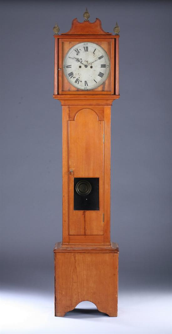 Appraisal: AMERICAN FRUITWOOD TALL-CASE COUNTRY CLOCK th century Weight-driven time and